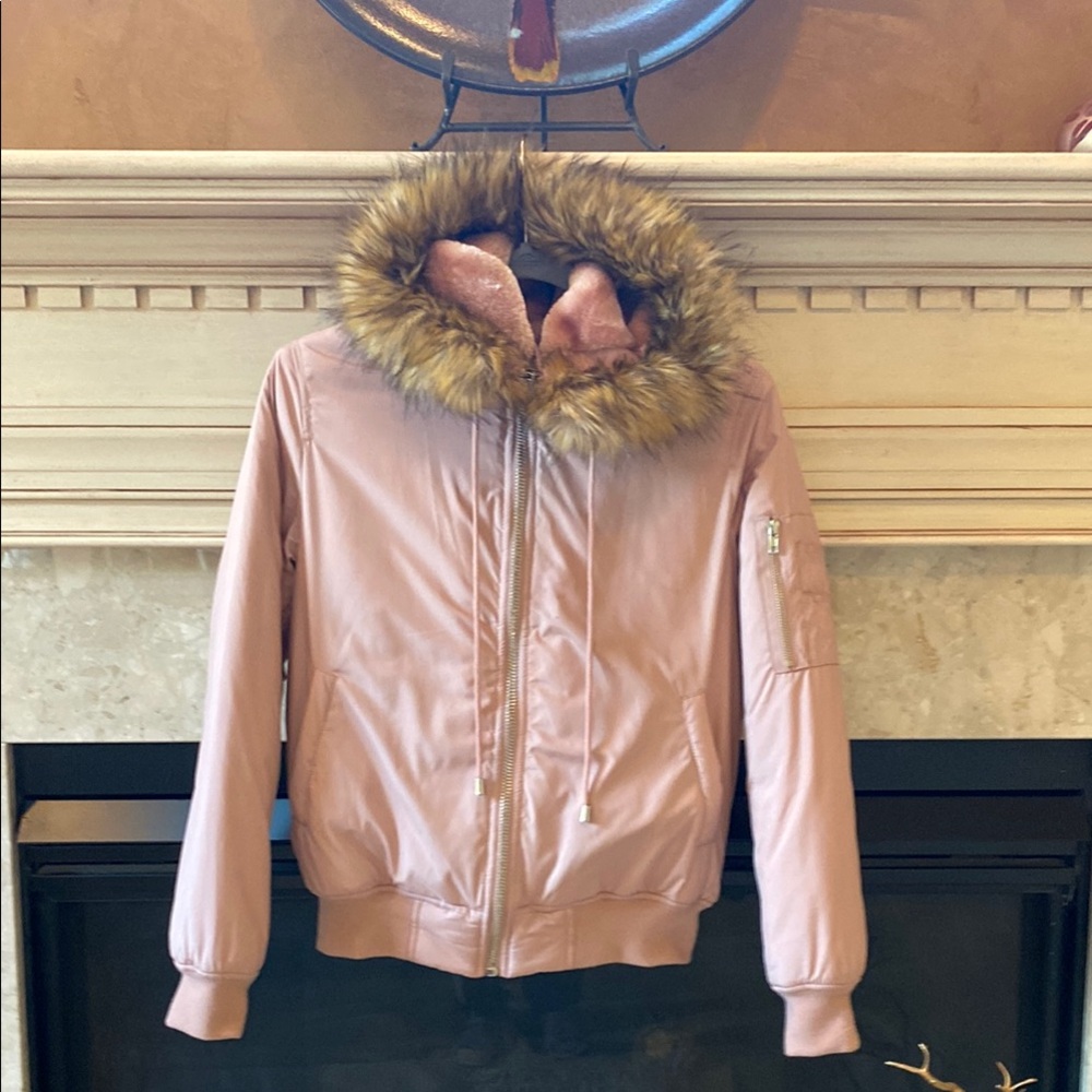 Forever 21 Pink Faux Fur Trim Bomber Jacket Size Small
